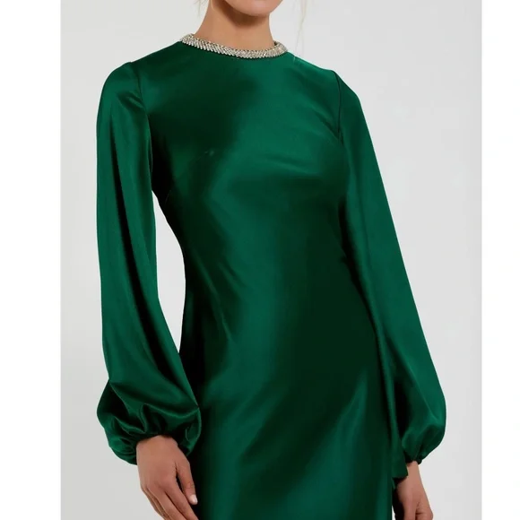 Mac Duggal Emerald Green Satin High Neck Long Sleeve Crystal Detail Midi Dress - Picture 3 of 4